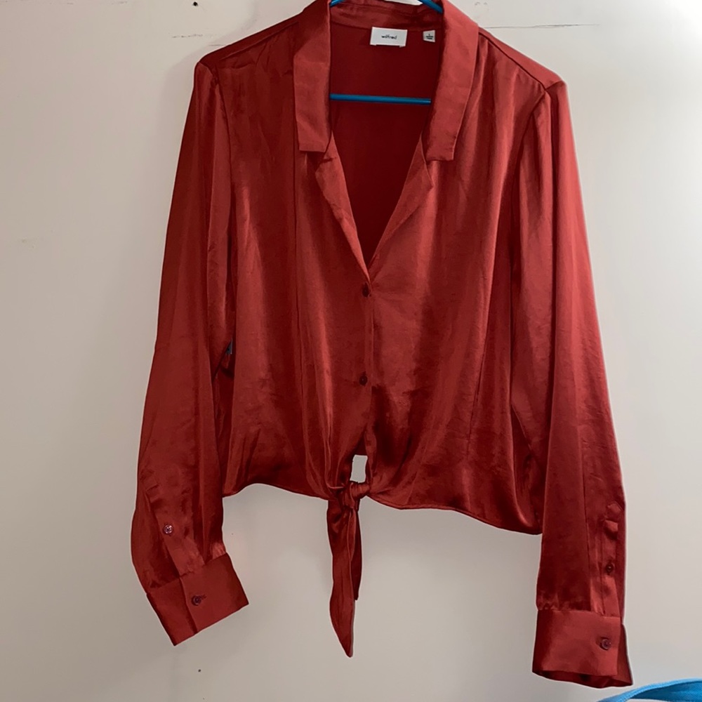 Aritzia Red Satin Tie-Front Blouse
